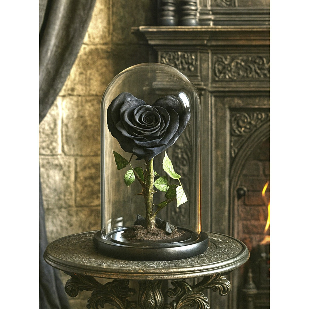 Black Real Rose Preserved Shabby Chic Boho Glass Dome Victorian Gothic Belle